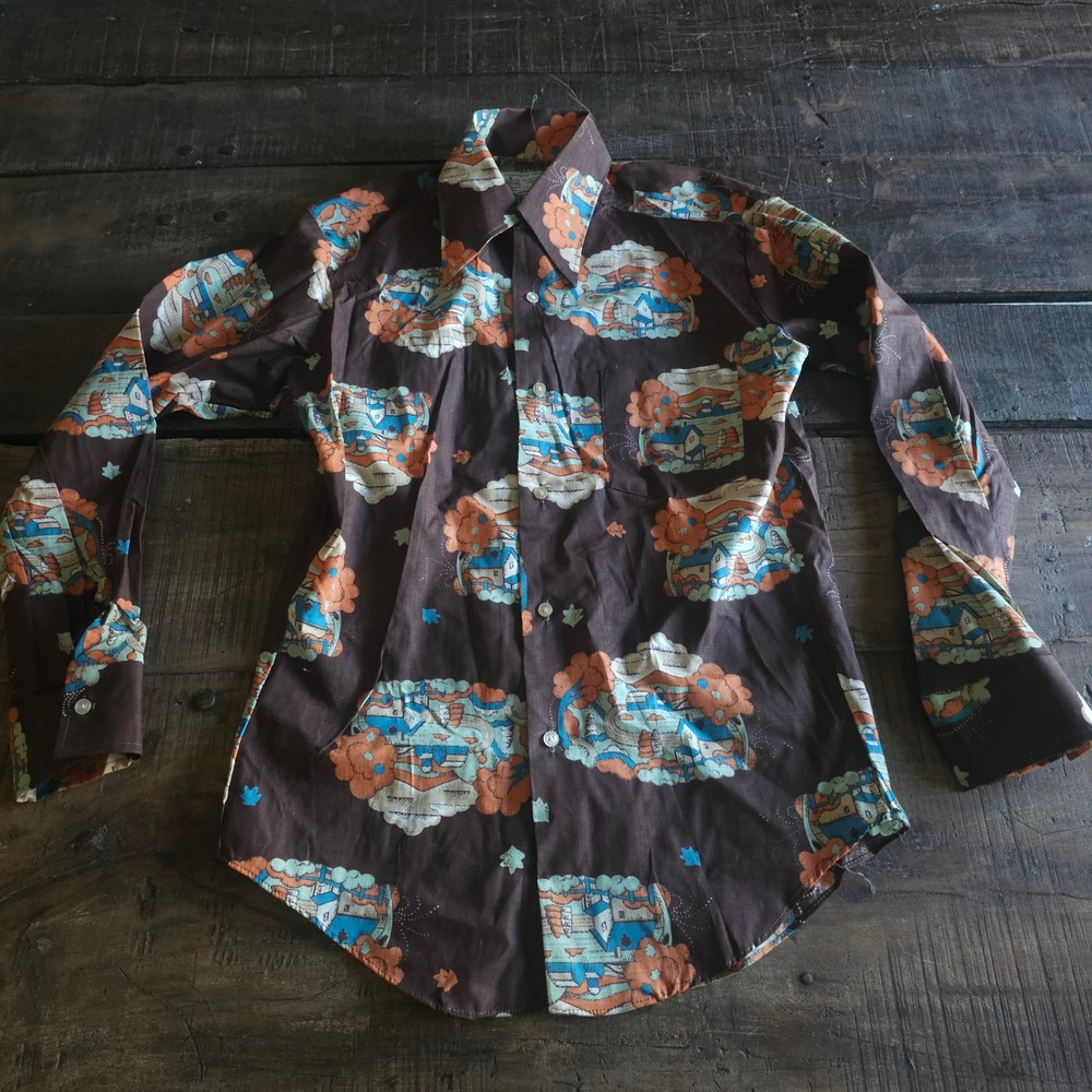 Vintage 70s Kmart Novelty Print Shirt Brown Landscape House Disco Collar Small
